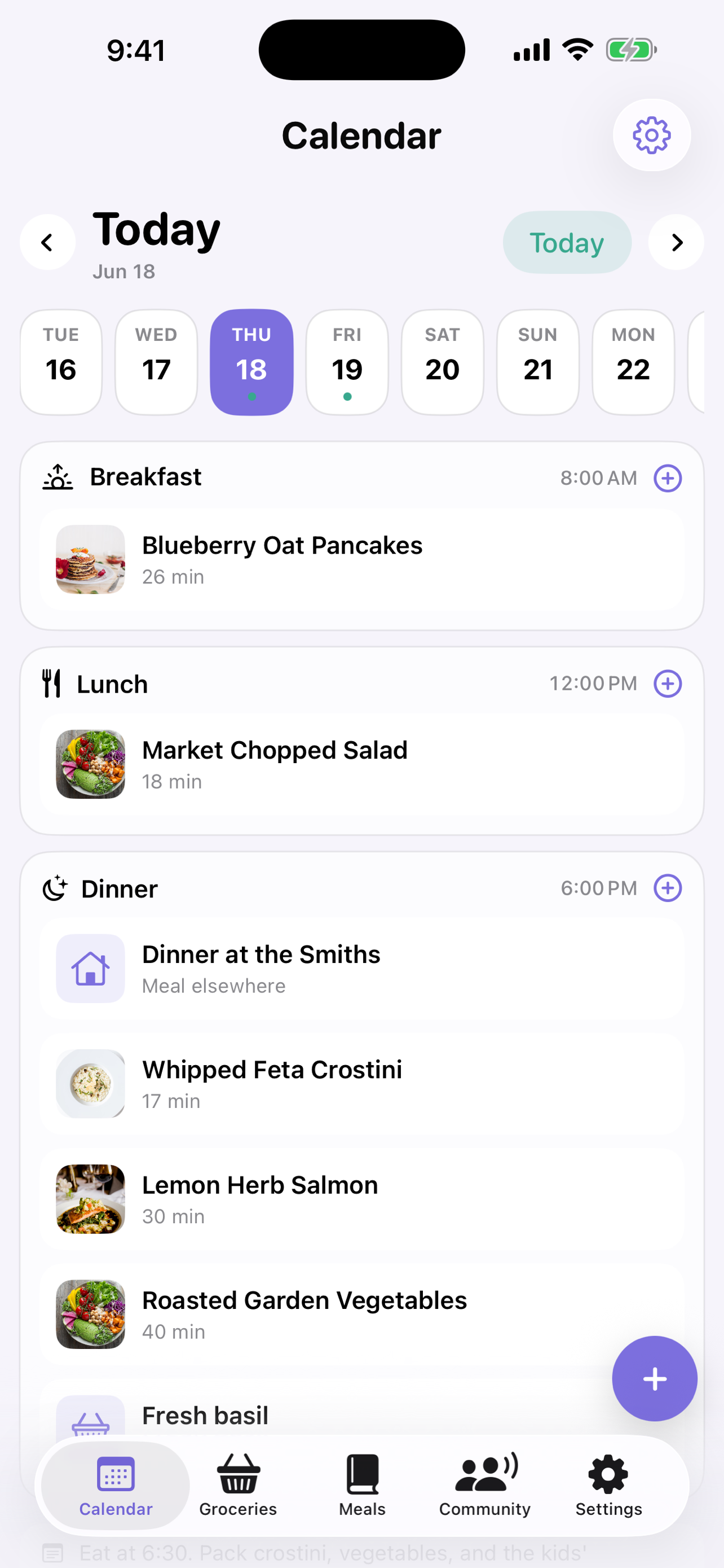 FigLeaf daily agenda showing breakfast, lunch, and dinner plan