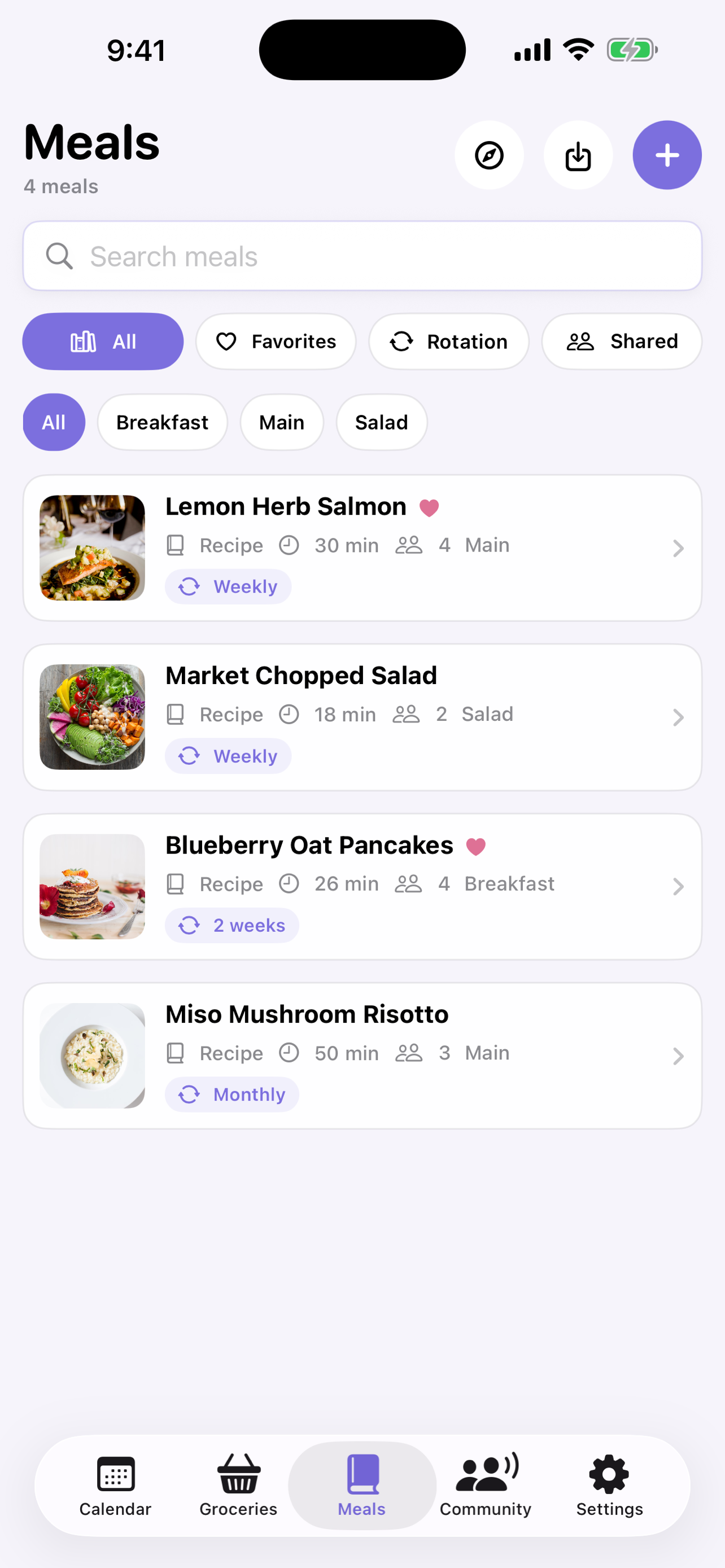 FigLeaf meals library on iPhone showing recipes with favorites and rotation