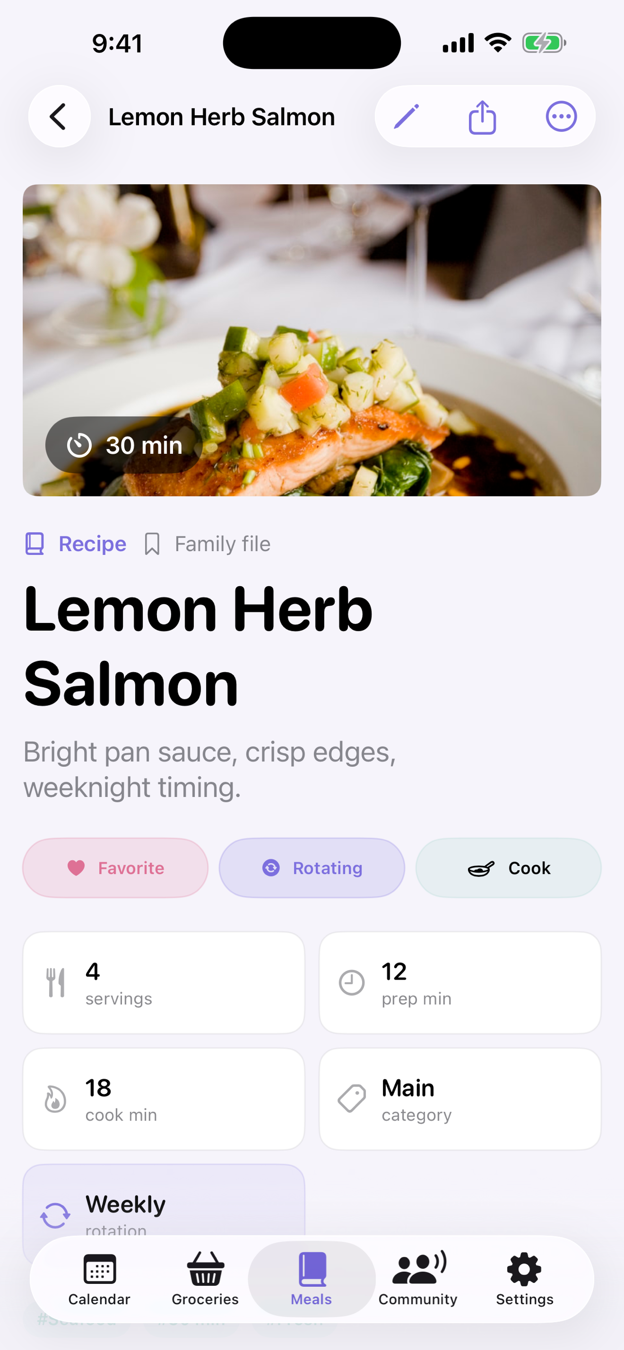 FigLeaf recipe detail for Lemon Herb Salmon on iPhone