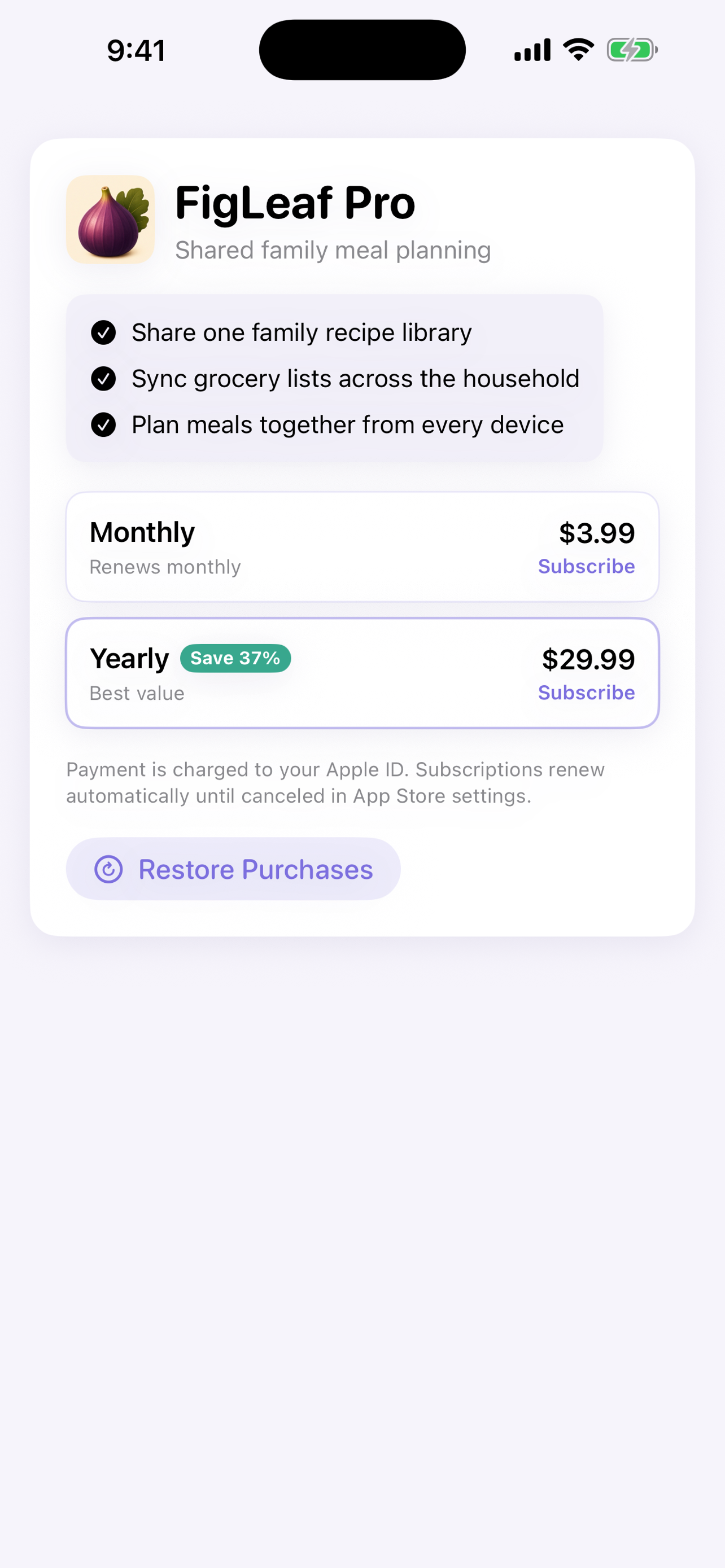FigLeaf Pro subscription screen with monthly and yearly plans