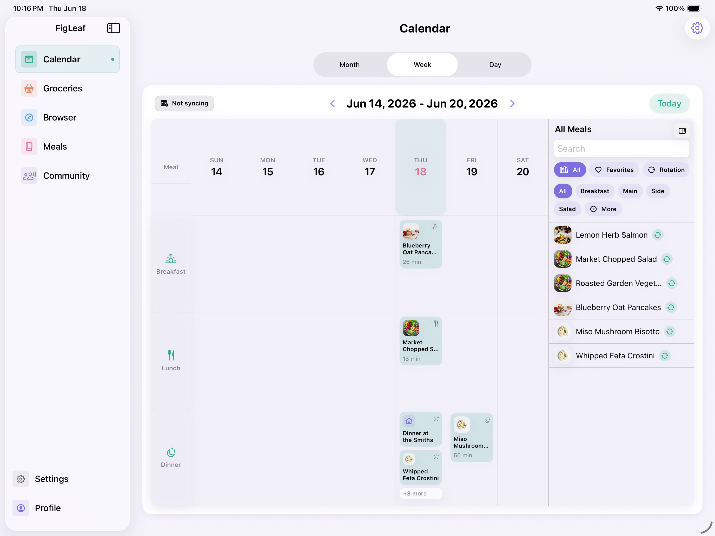 FigLeaf on iPad showing the week planner with a meals sidebar